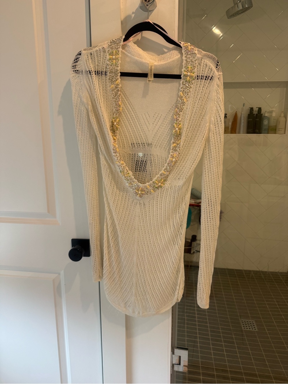 Victoria's Secret Cream Crochet Knit Swim Coverup with Yellow Trim
